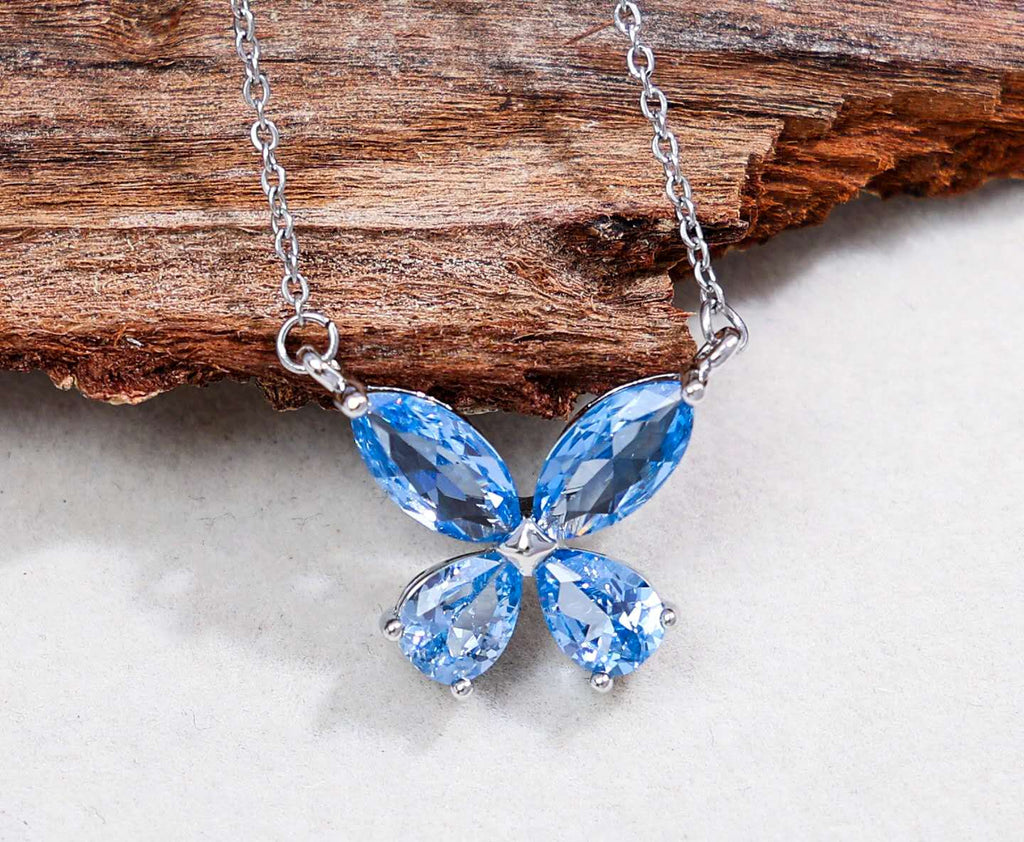 Silver Stainless Steel AAA Cubic Zirconia Butterfly Jewelry Set Necklace Stud Earrings Women Gift