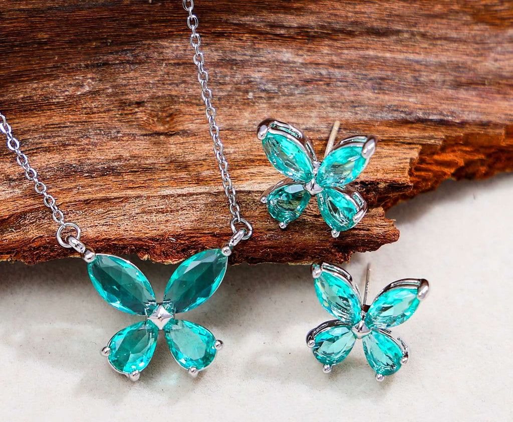 Silver Stainless Steel AAA Cubic Zirconia Butterfly Jewelry Set Necklace Stud Earrings Women Gift
