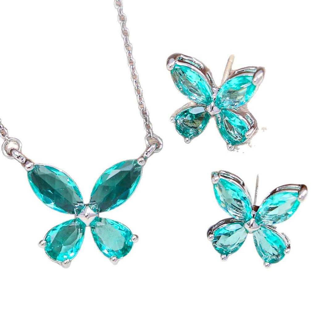 Silver Stainless Steel AAA Cubic Zirconia Butterfly Jewelry Set Necklace Stud Earrings Women Gift