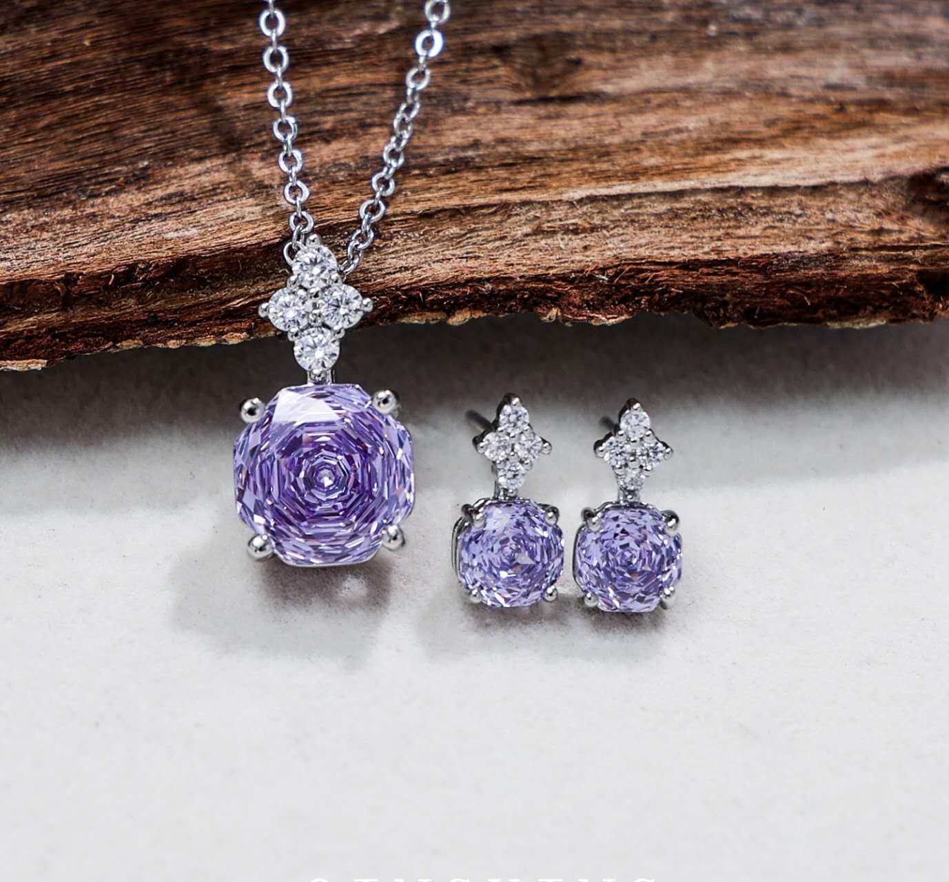 Stainless Steel AAA Purple Cubic Zirconia Floral Jewelry Set Necklace Stud Earrings Women Gift