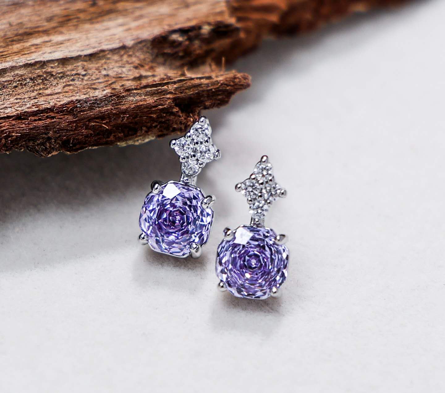 Stainless Steel AAA Purple Cubic Zirconia Floral Jewelry Set Necklace Stud Earrings Women Gift