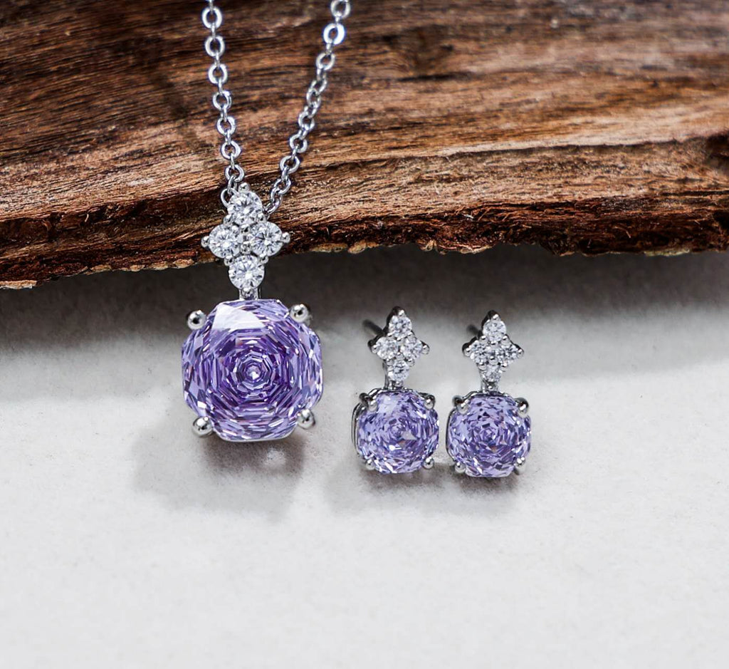 Stainless Steel AAA Purple Cubic Zirconia Floral Jewelry Set Necklace Stud Earrings Women Gift