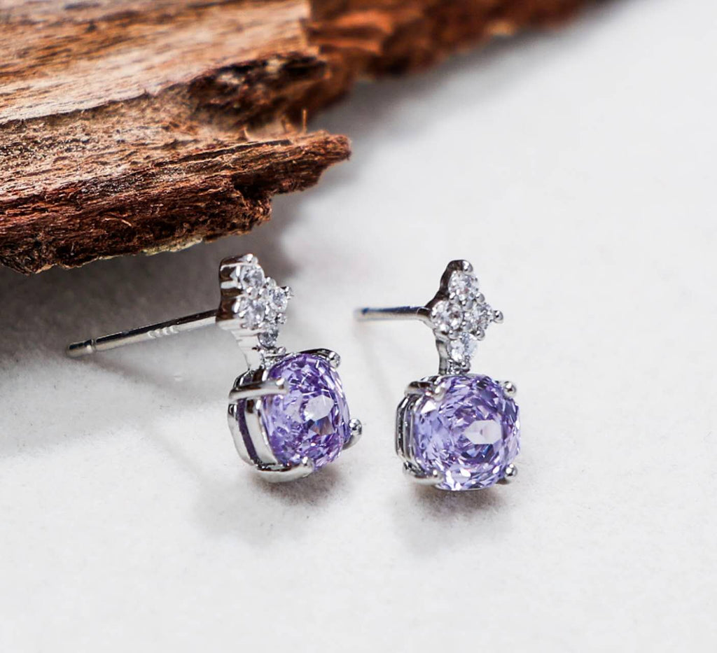 Stainless Steel AAA Purple Cubic Zirconia Floral Jewelry Set Necklace Stud Earrings Women Gift
