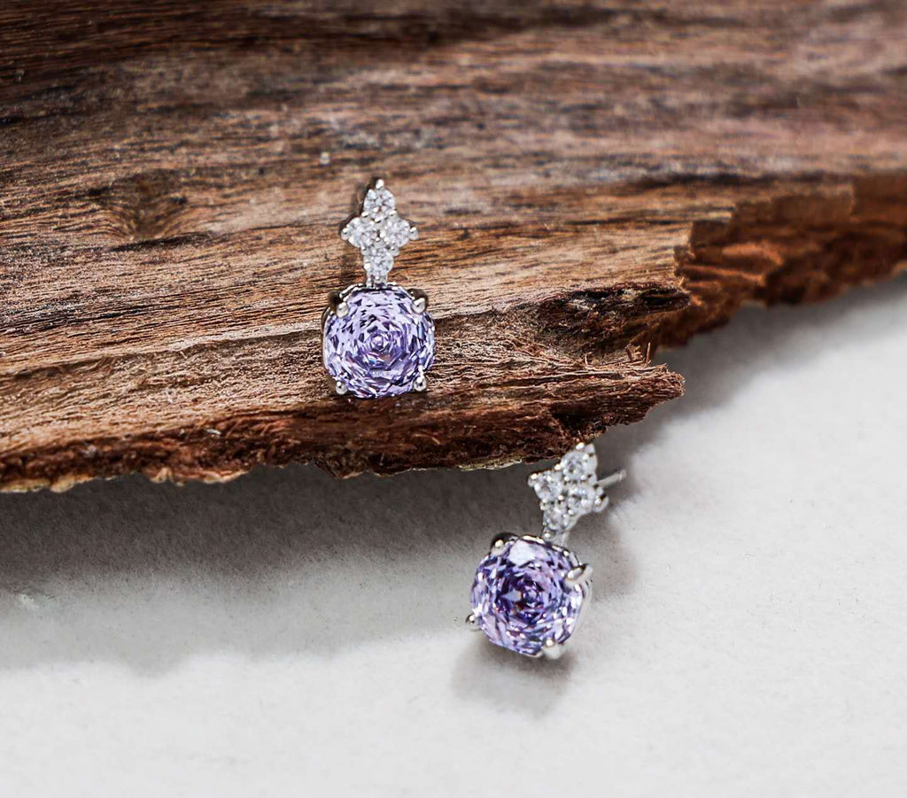 Stainless Steel AAA Purple Cubic Zirconia Floral Jewelry Set Necklace Stud Earrings Women Gift