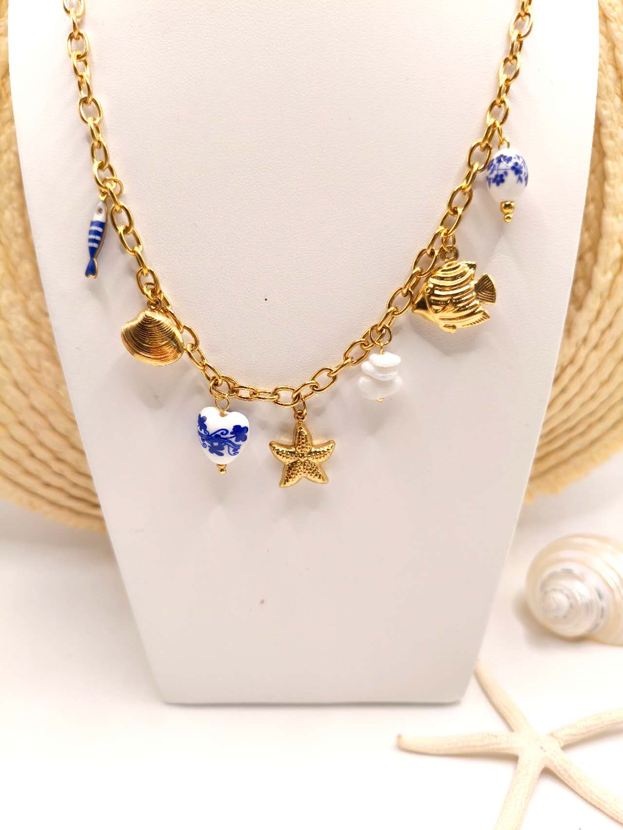 Gold Plated Stainless Steel Beach Charm Necklace Ceramic Blue White Fish Starfish Shell Ocean Chain For Women