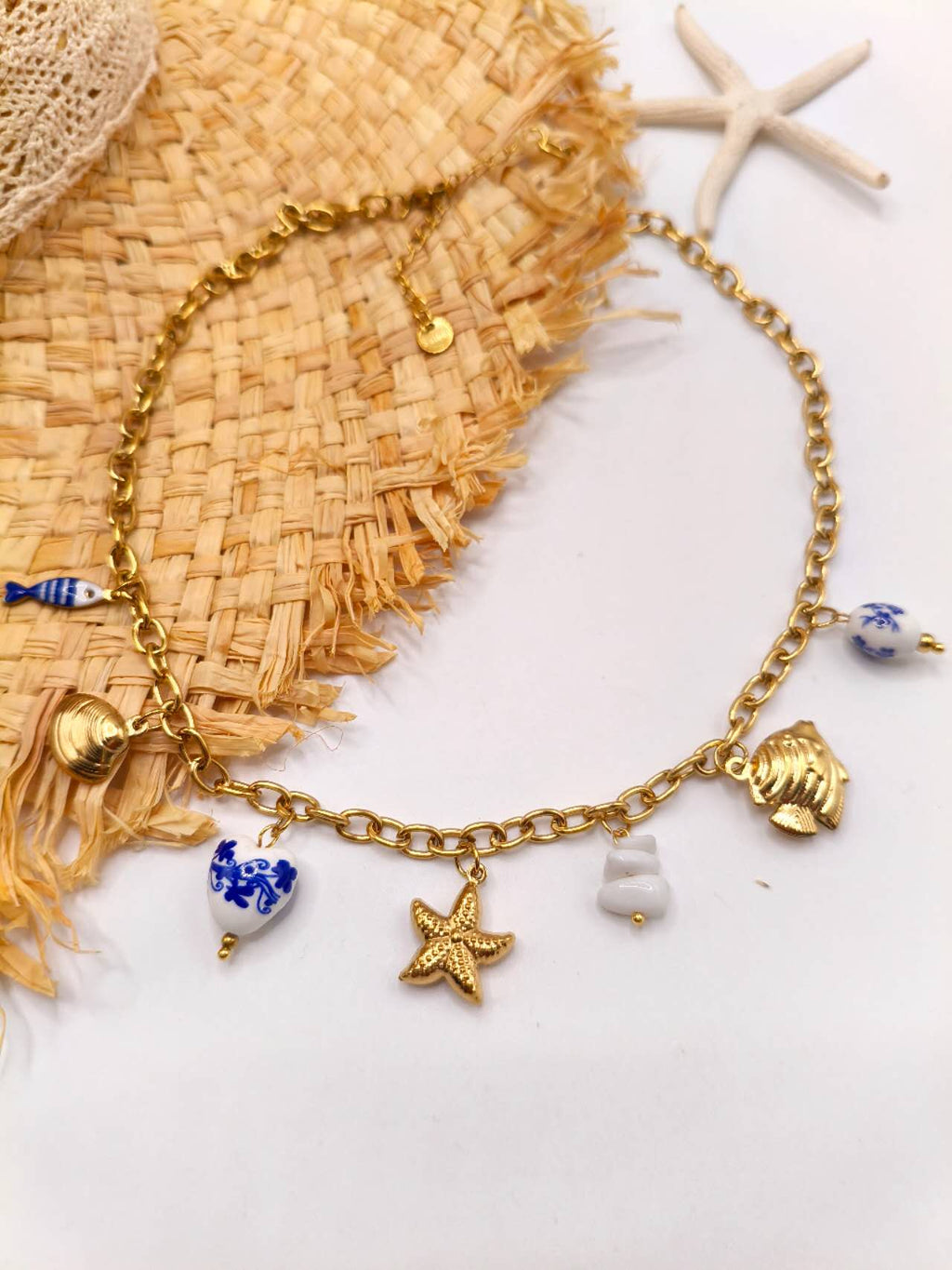 Gold Plated Stainless Steel Beach Charm Necklace Ceramic Blue White Fish Starfish Shell Ocean Chain For Women