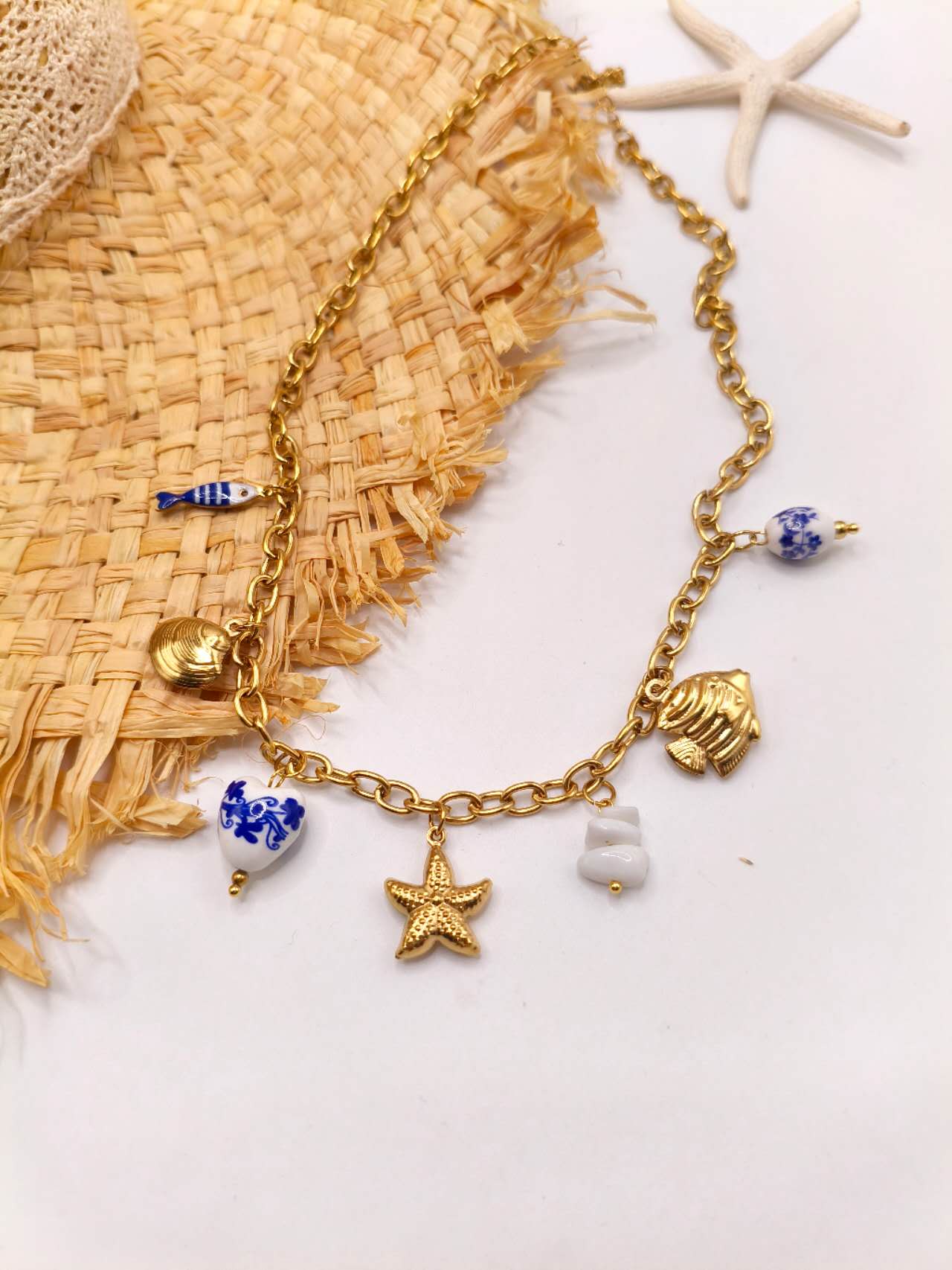 Gold Plated Stainless Steel Beach Charm Necklace Ceramic Blue White Fish Starfish Shell Ocean Chain For Women
