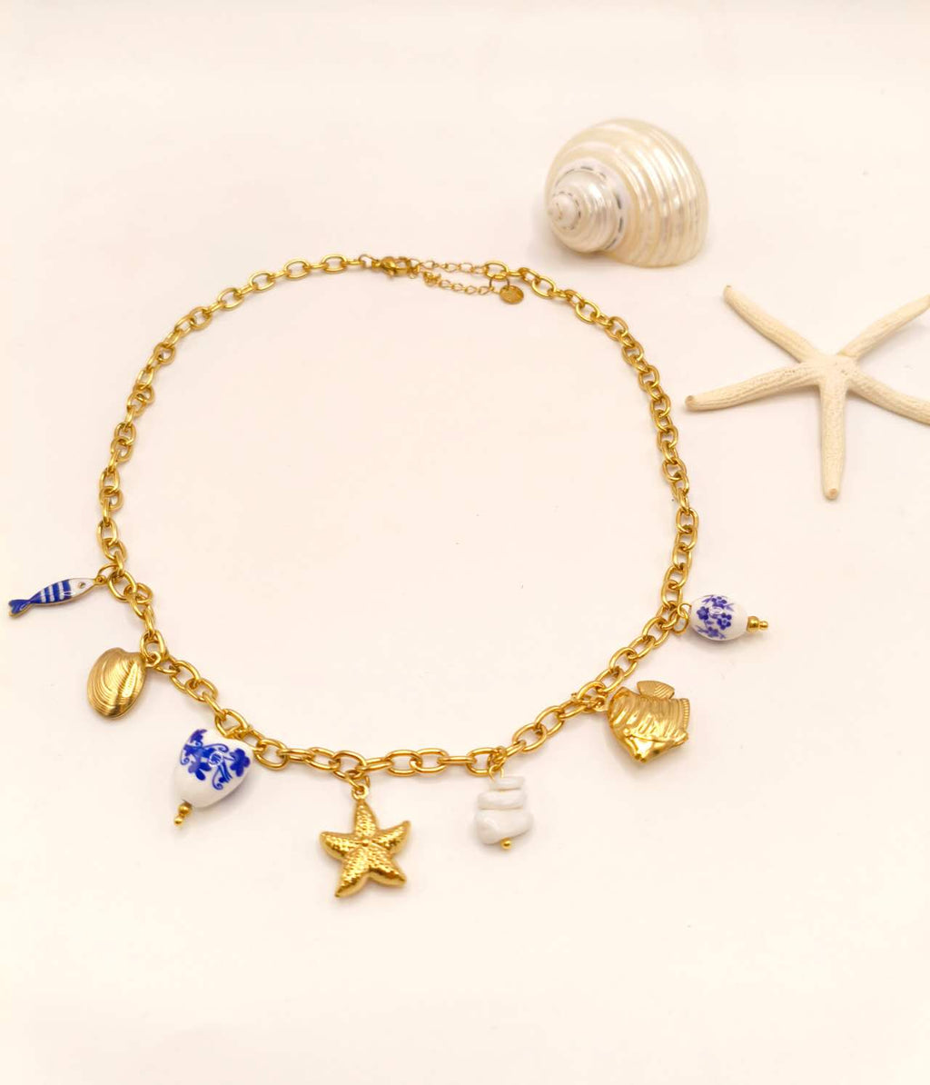 Gold Plated Stainless Steel Beach Charm Necklace Ceramic Blue White Fish Starfish Shell Ocean Chain For Women