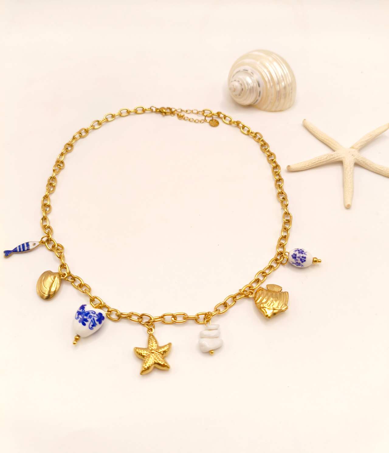 Gold Plated Stainless Steel Beach Charm Necklace Ceramic Blue White Fish Starfish Shell Ocean Chain For Women