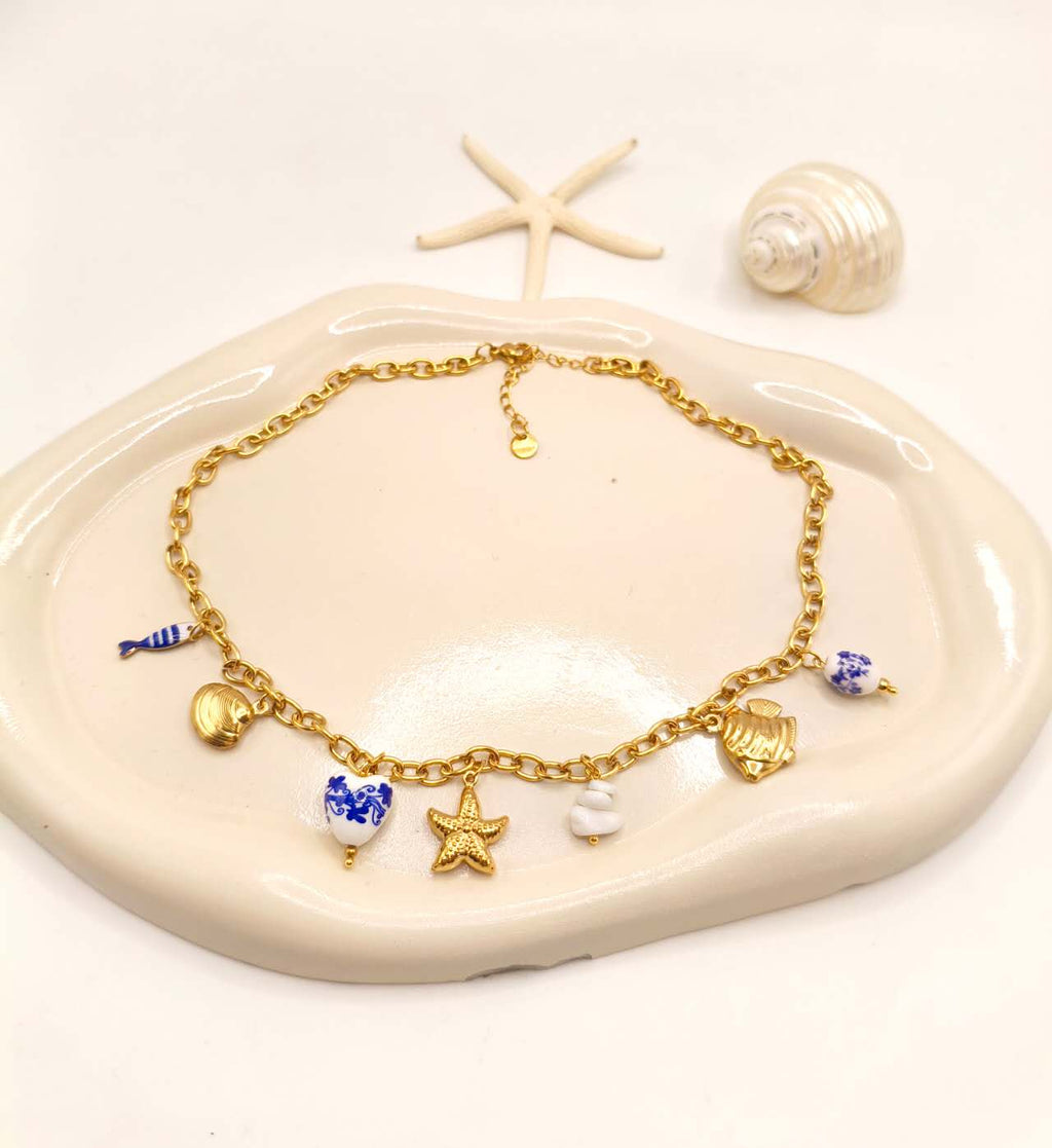 Gold Plated Stainless Steel Beach Charm Necklace Ceramic Blue White Fish Starfish Shell Ocean Chain For Women