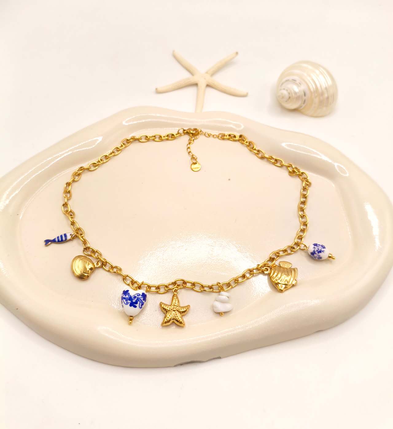 Gold Plated Stainless Steel Beach Charm Necklace Ceramic Blue White Fish Starfish Shell Ocean Chain For Women