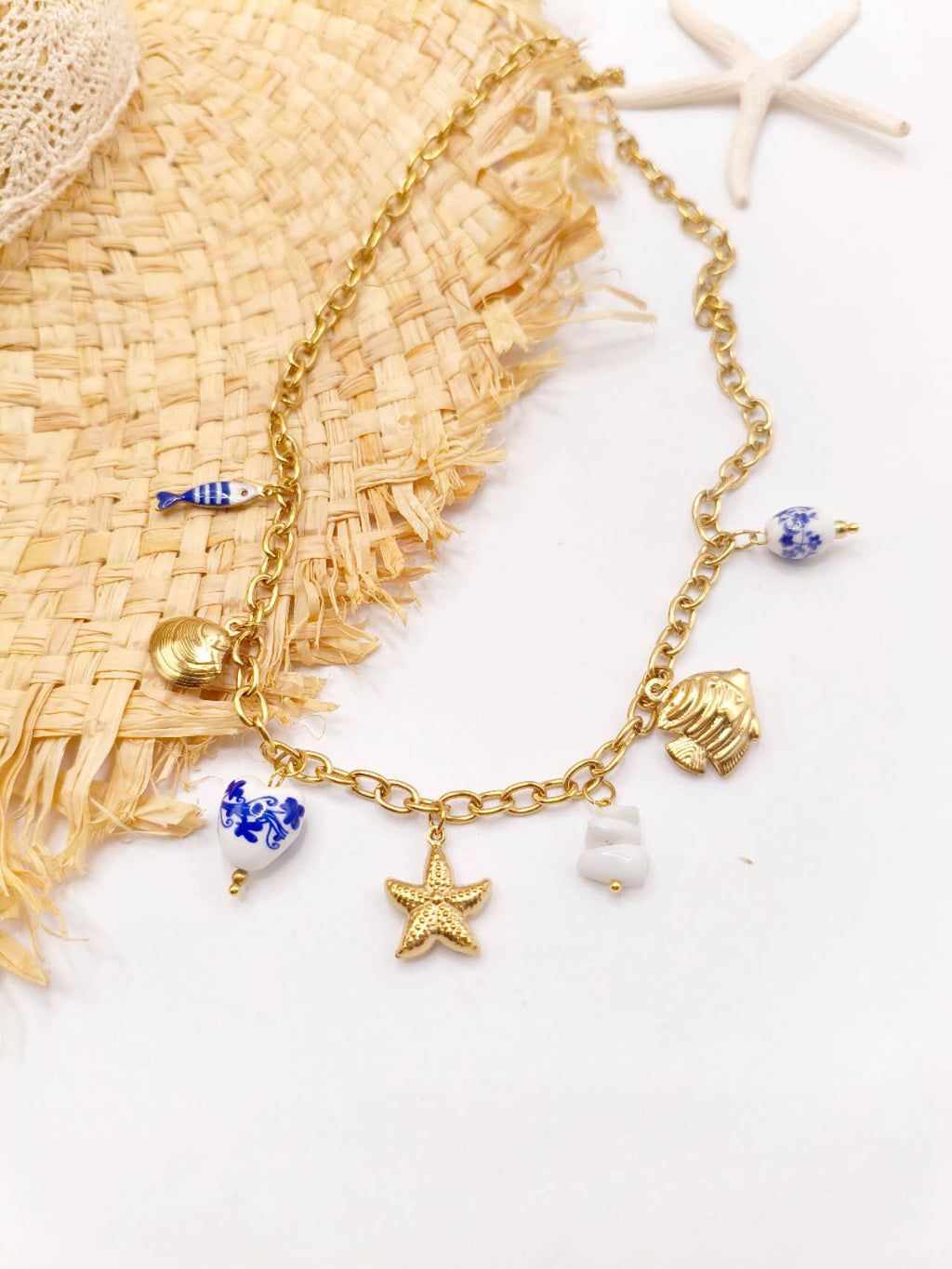 Gold Plated Stainless Steel Beach Charm Necklace Ceramic Blue White Fish Starfish Shell Ocean Chain For Women