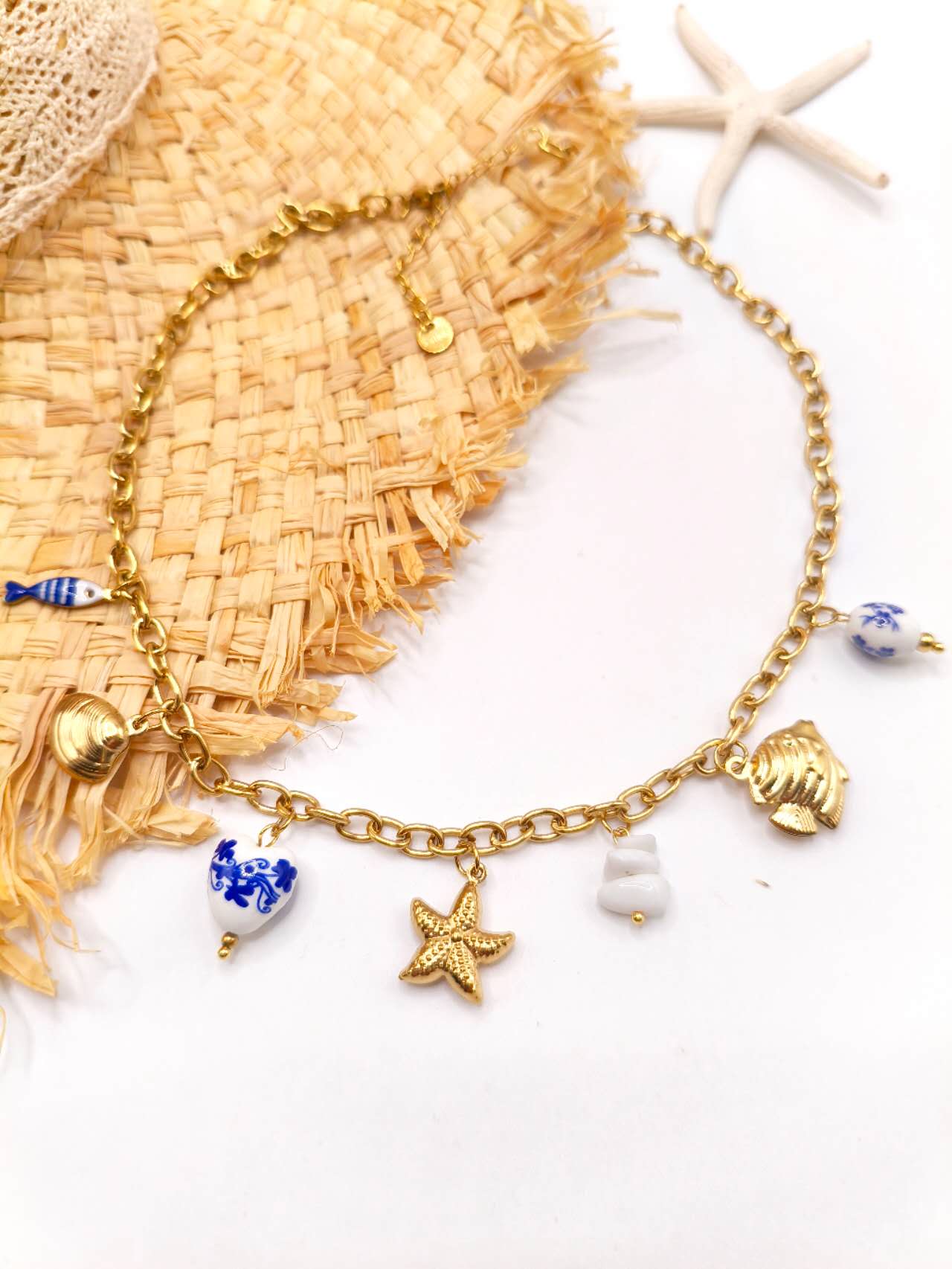 Gold Plated Stainless Steel Beach Charm Necklace Ceramic Blue White Fish Starfish Shell Ocean Chain For Women