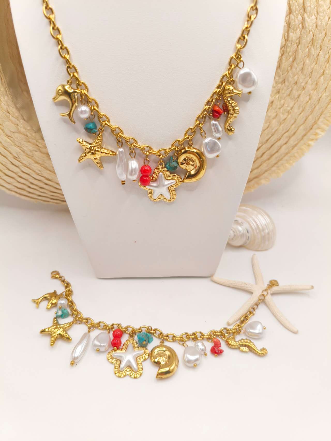 Gold Plated Stainless Steel Ocean Charm Jewelry Set Turquoise Starfish Dolphin Conch Pearl Necklace Bracelet Women Summer Beach Jewelry