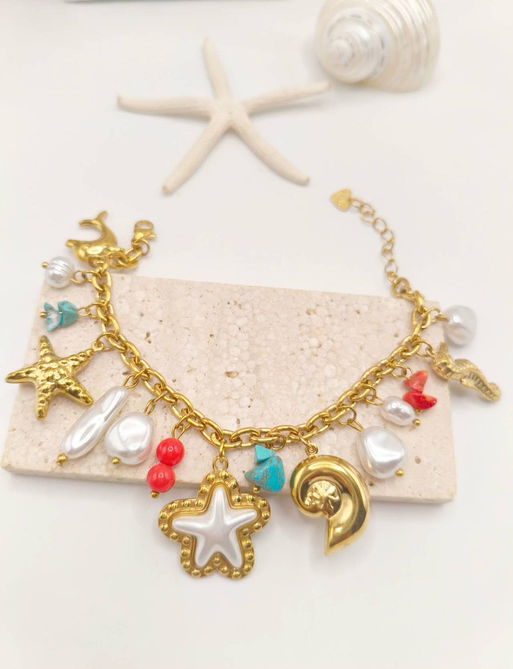 Gold Plated Stainless Steel Ocean Charm Jewelry Set Turquoise Starfish Dolphin Conch Pearl Necklace Bracelet Women Summer Beach Jewelry