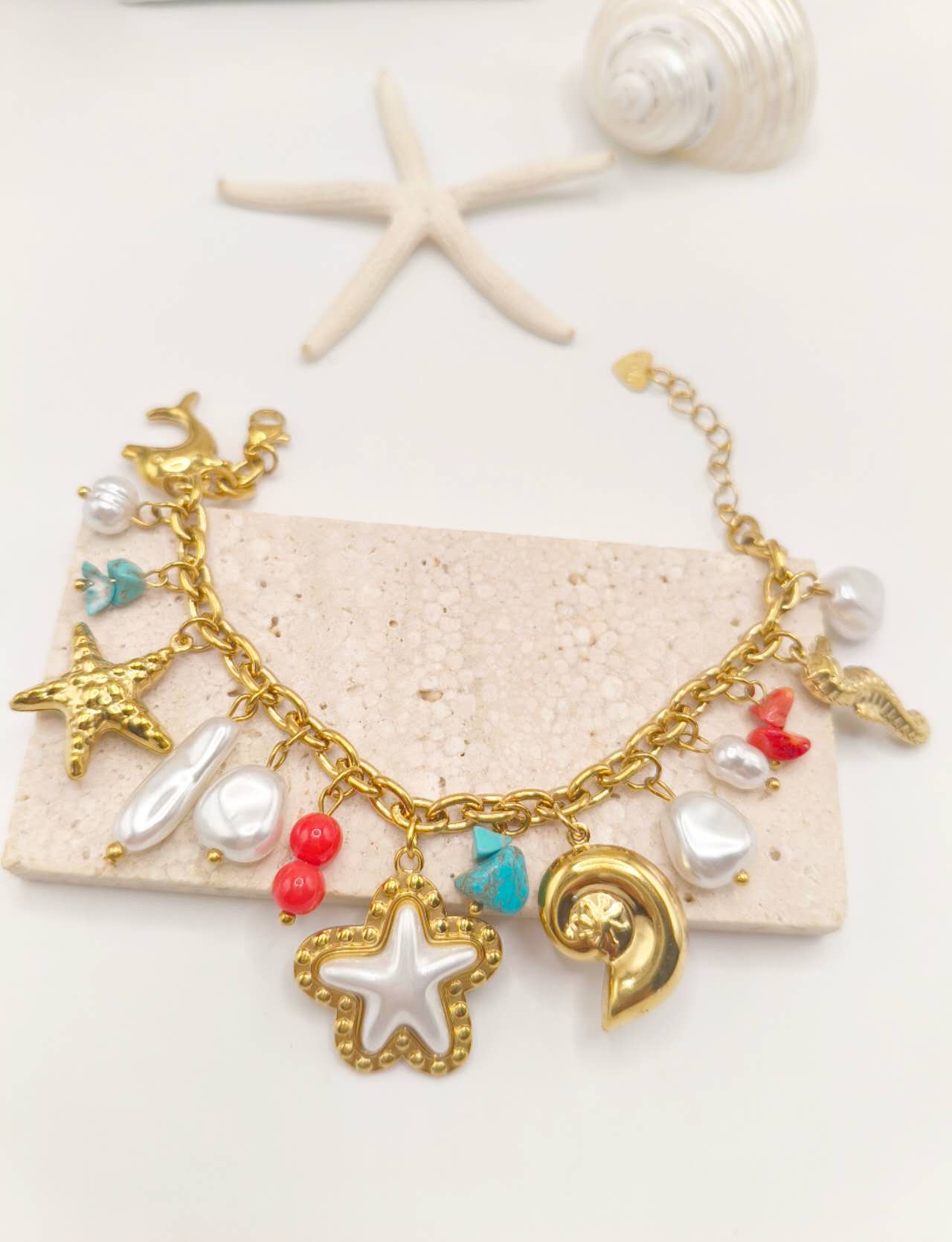 Gold Plated Stainless Steel Ocean Charm Jewelry Set Turquoise Starfish Dolphin Conch Pearl Necklace Bracelet Women Summer Beach Jewelry