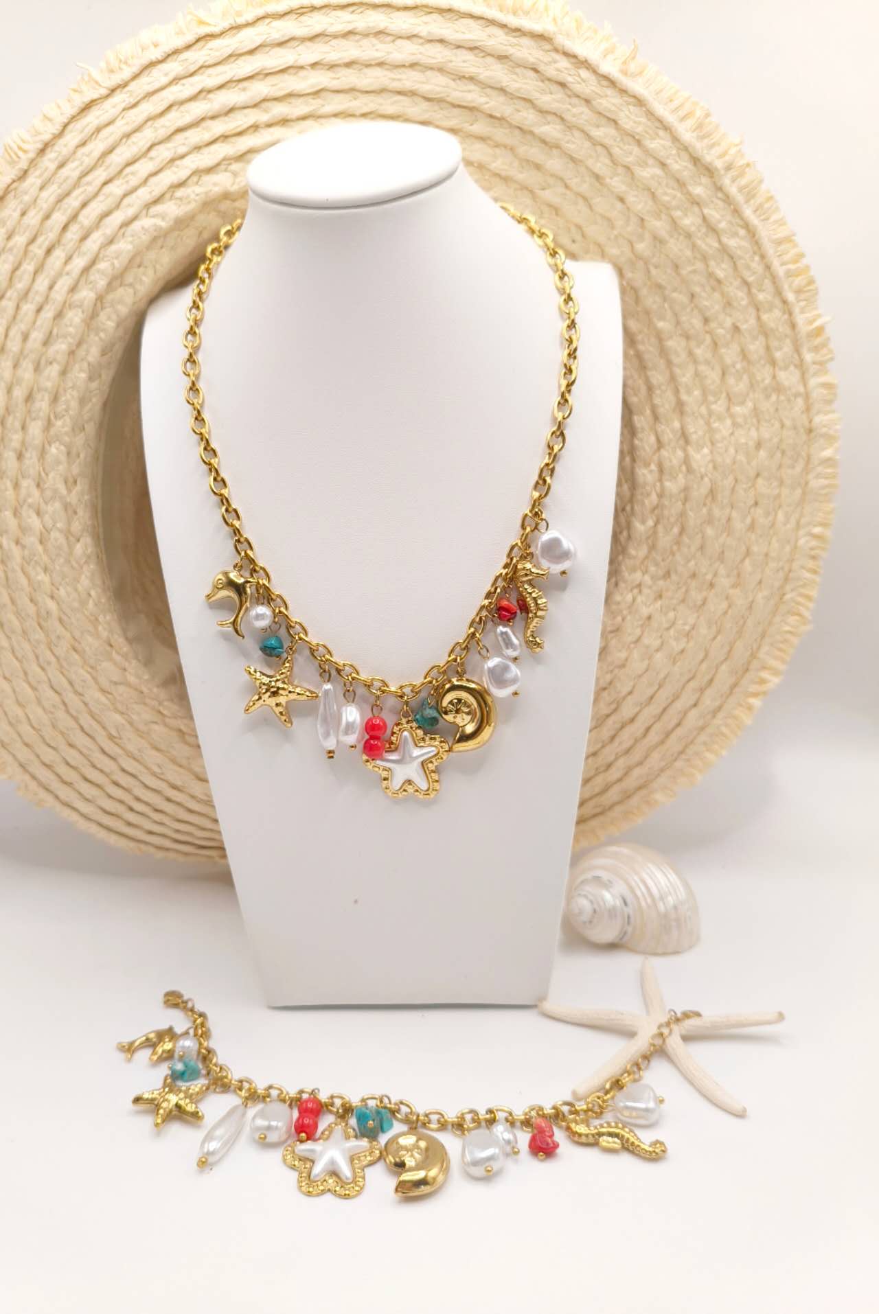 Gold Plated Stainless Steel Ocean Charm Jewelry Set Turquoise Starfish Dolphin Conch Pearl Necklace Bracelet Women Summer Beach Jewelry