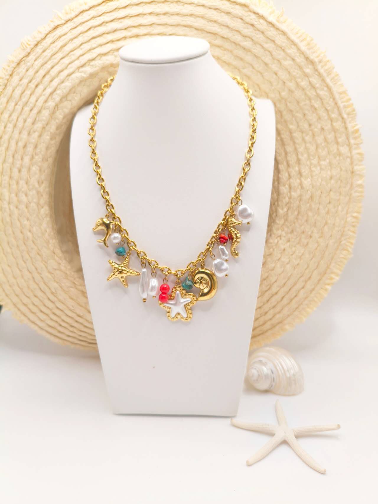 Gold Plated Stainless Steel Ocean Charm Jewelry Set Turquoise Starfish Dolphin Conch Pearl Necklace Bracelet Women Summer Beach Jewelry