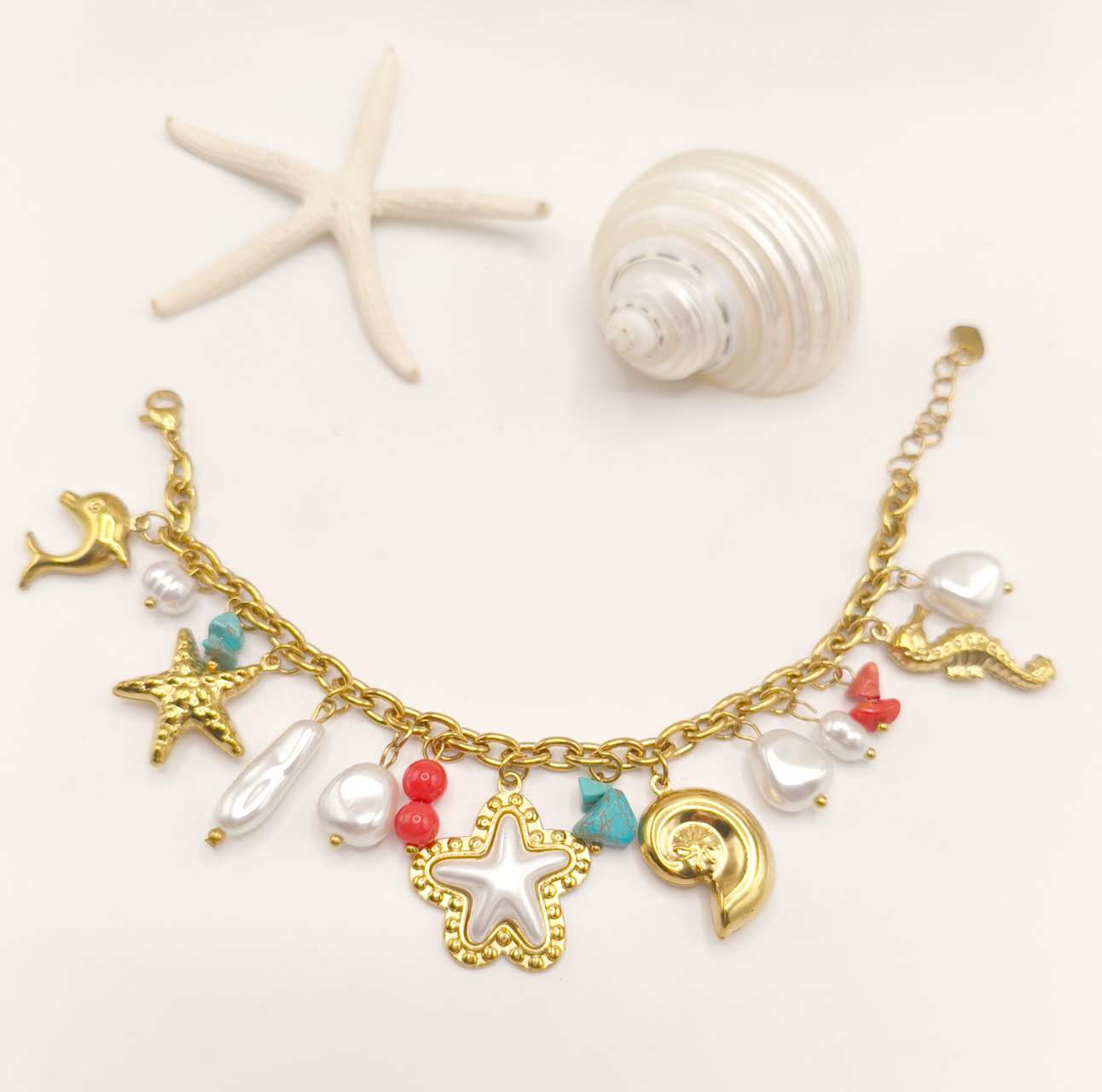 Gold Plated Stainless Steel Ocean Charm Jewelry Set Turquoise Starfish Dolphin Conch Pearl Necklace Bracelet Women Summer Beach Jewelry