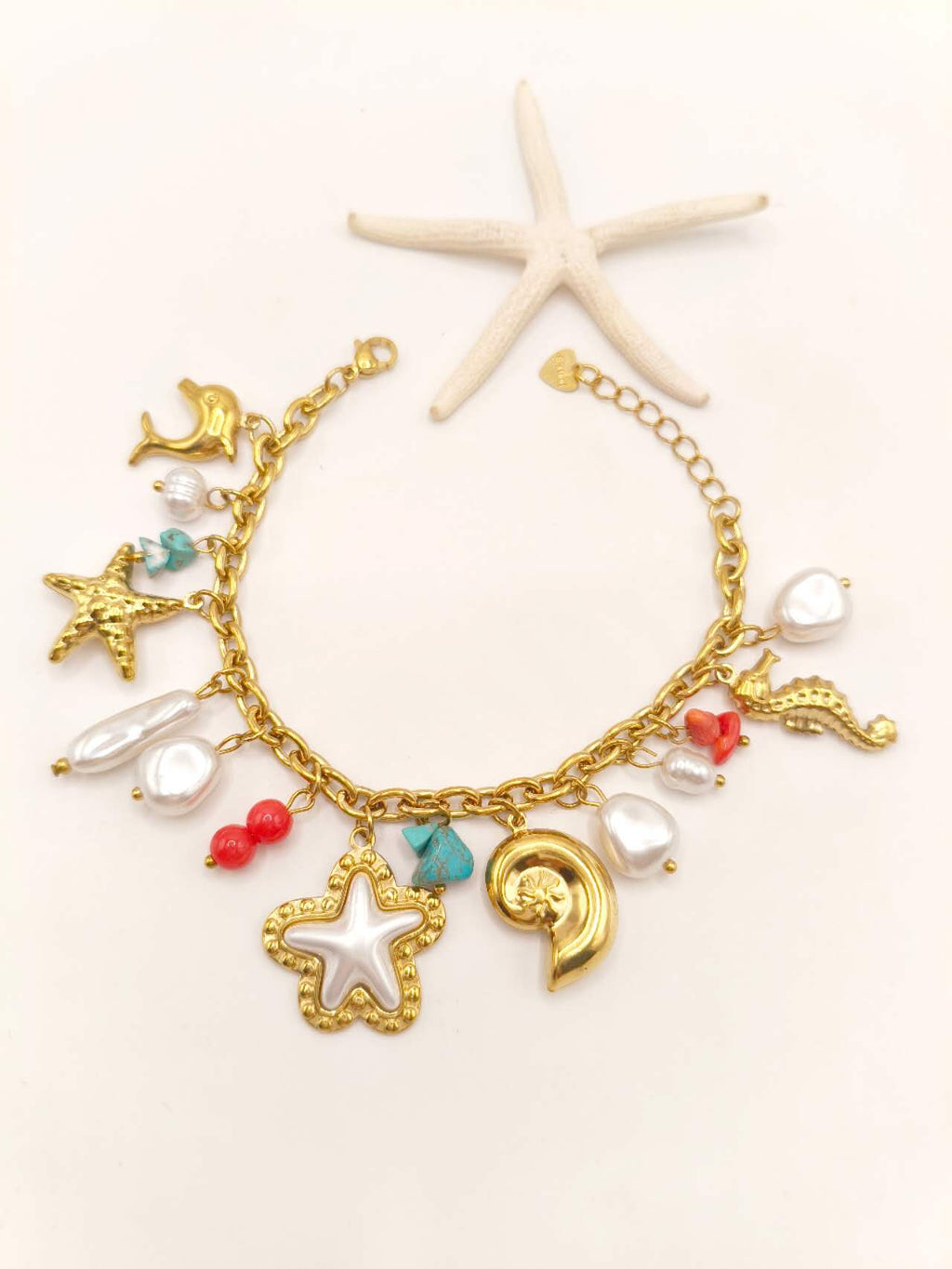 Gold Plated Stainless Steel Ocean Charm Jewelry Set Turquoise Starfish Dolphin Conch Pearl Necklace Bracelet Women Summer Beach Jewelry