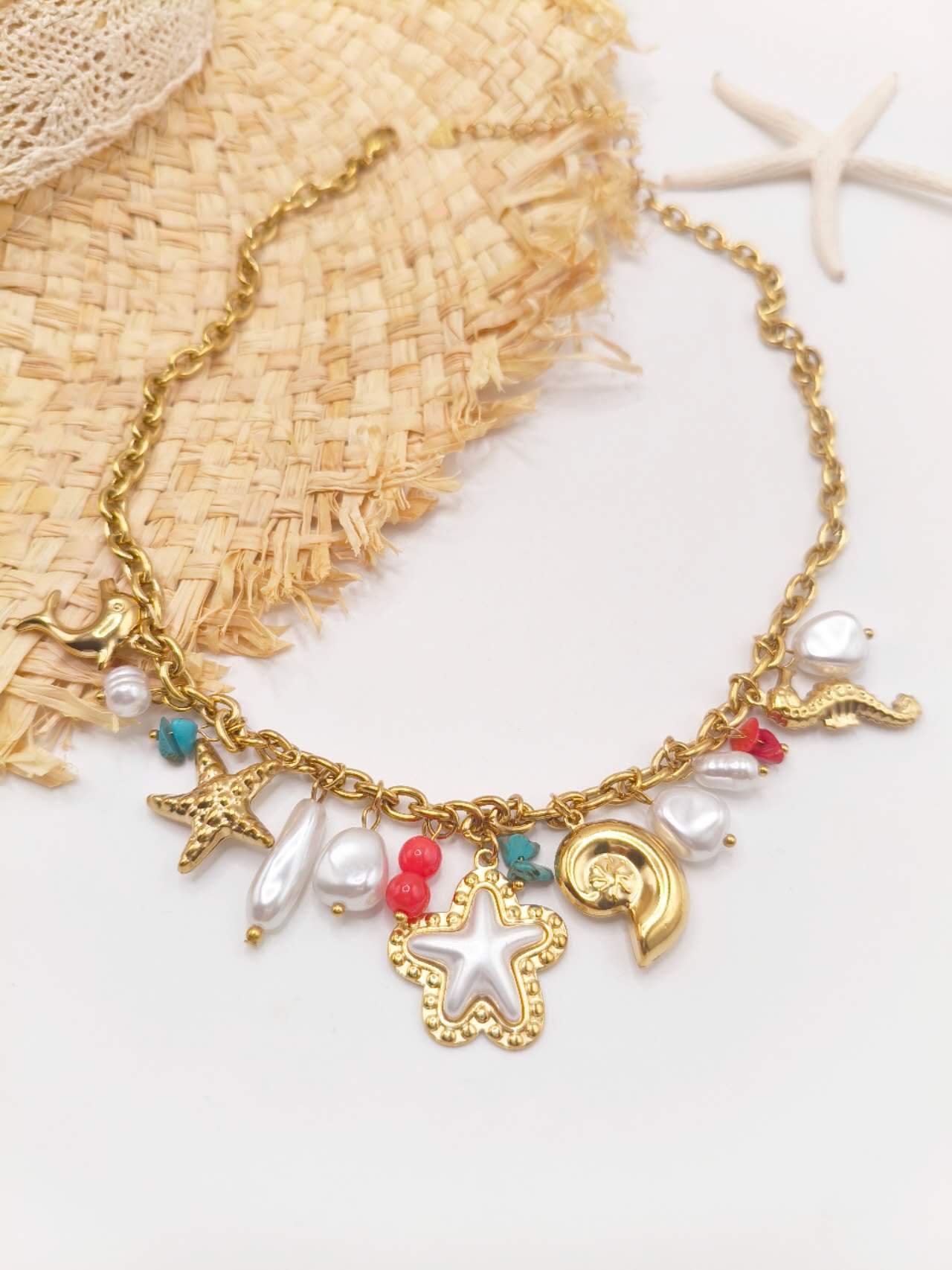 Gold Plated Stainless Steel Ocean Charm Jewelry Set Turquoise Starfish Dolphin Conch Pearl Necklace Bracelet Women Summer Beach Jewelry