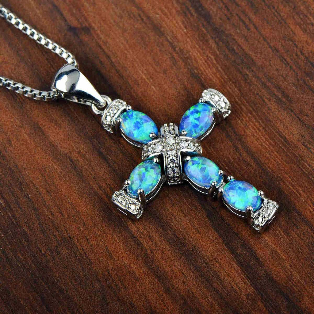 18K White Gold Plated Cross Necklace  Opal Cubic Zirconia Faith Pendant Jewelry