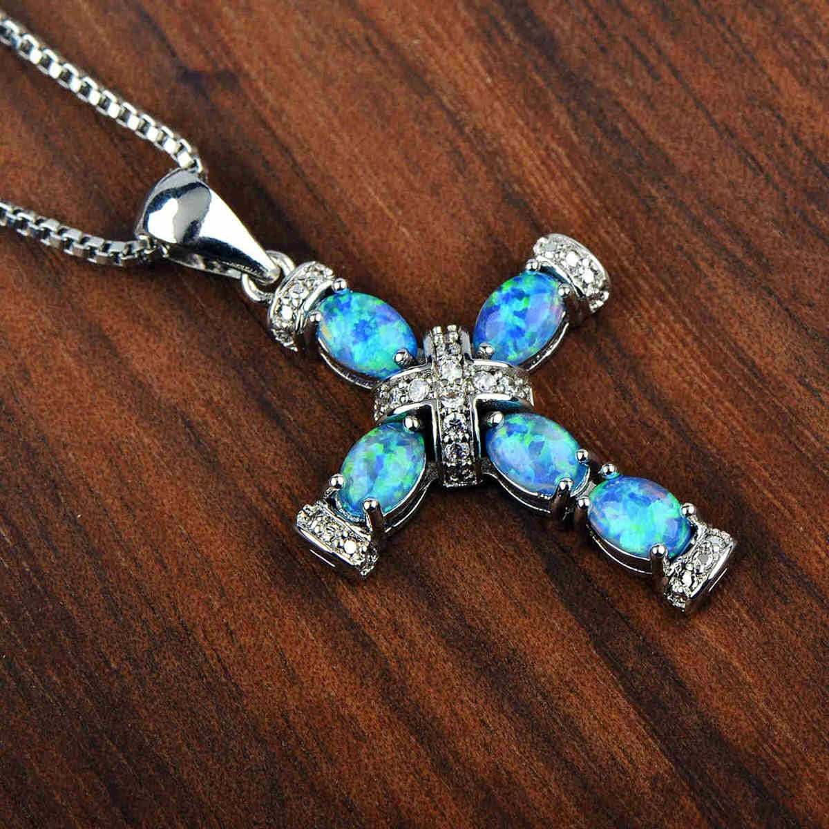 18K White Gold Plated Cross Necklace  Opal Cubic Zirconia Faith Pendant Jewelry