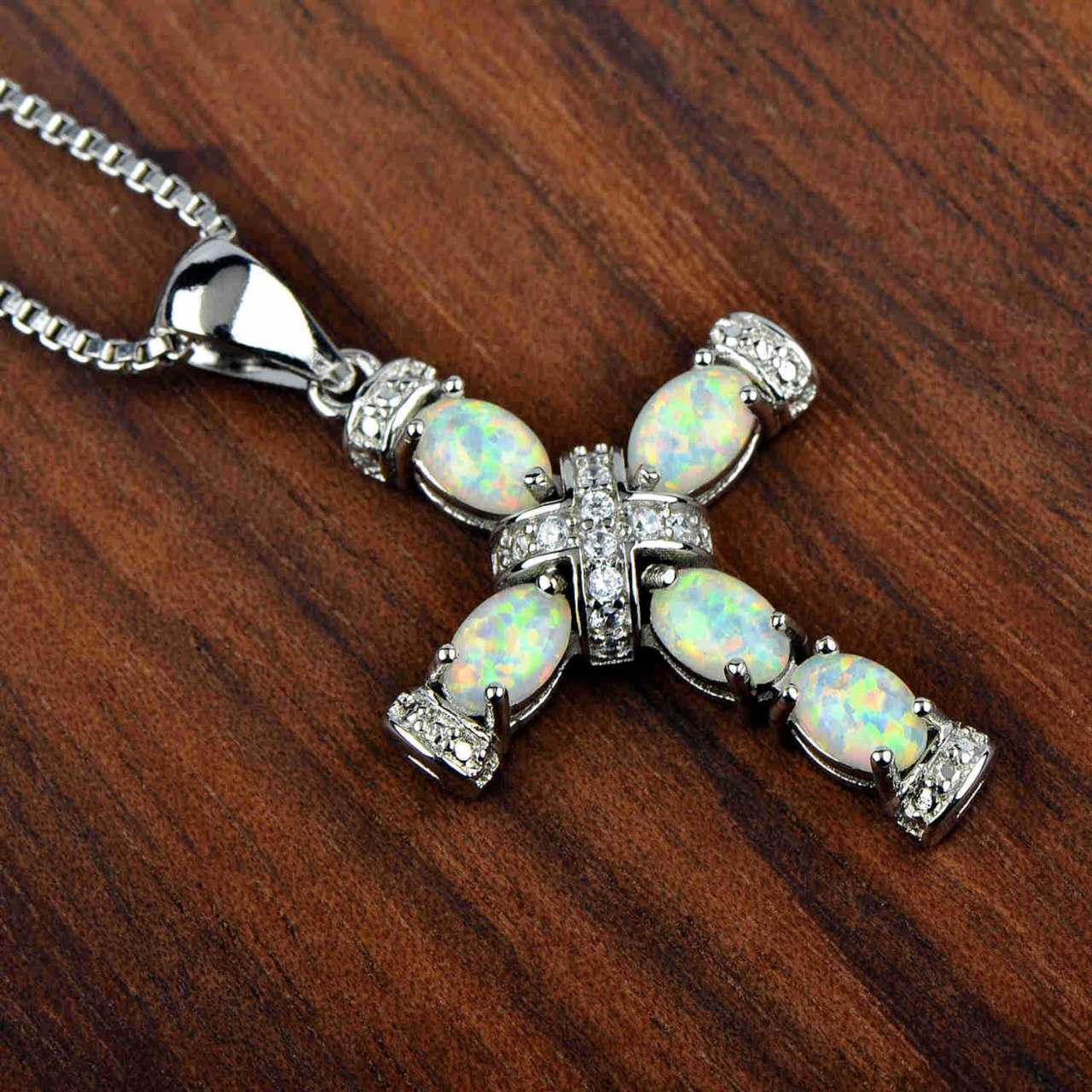 18K White Gold Plated Cross Necklace  Opal Cubic Zirconia Faith Pendant Jewelry