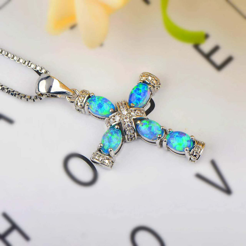 18K White Gold Plated Cross Necklace  Opal Cubic Zirconia Faith Pendant Jewelry