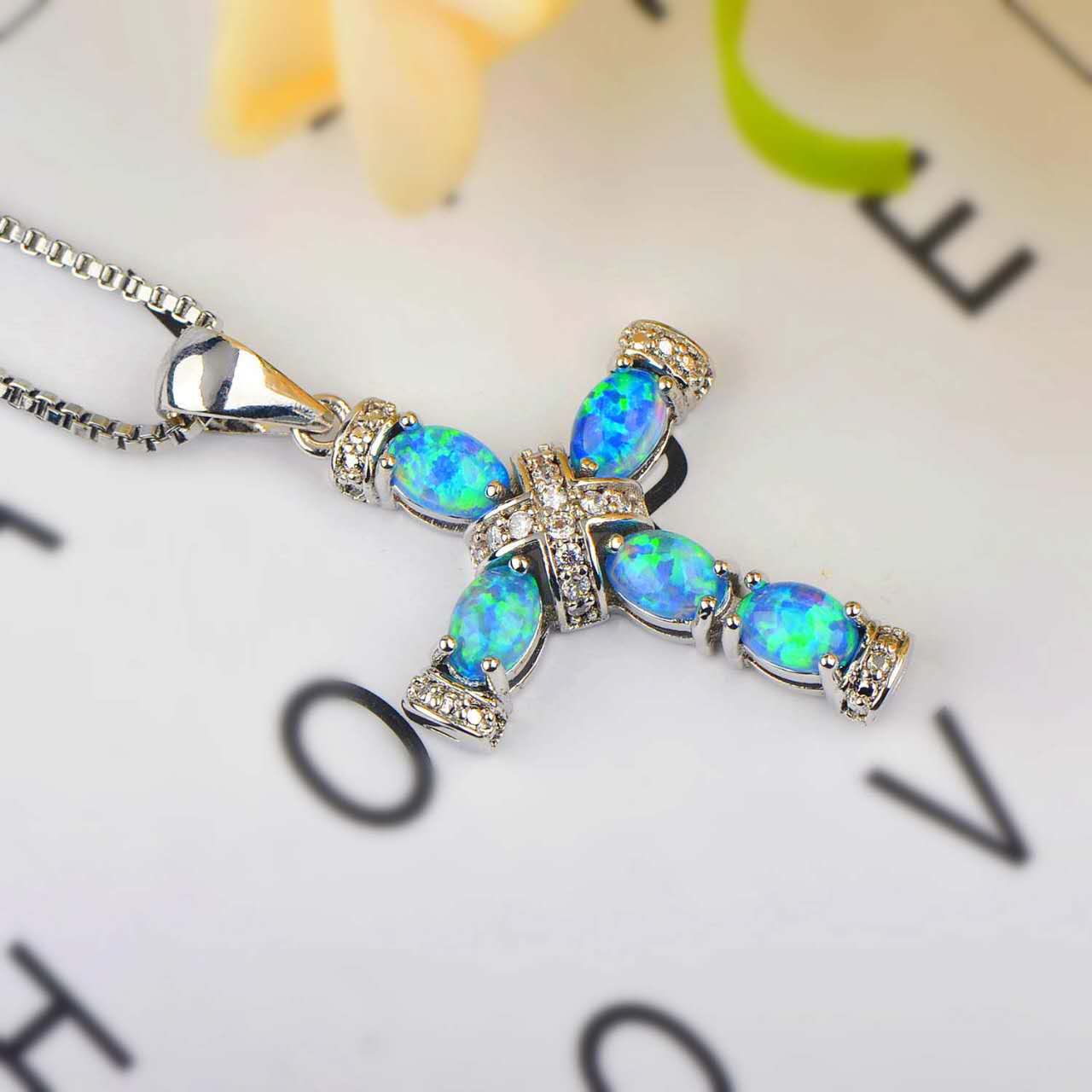 18K White Gold Plated Cross Necklace  Opal Cubic Zirconia Faith Pendant Jewelry