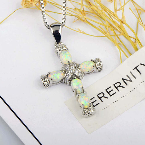 18K White Gold Plated Cross Necklace  Opal Cubic Zirconia Faith Pendant Jewelry