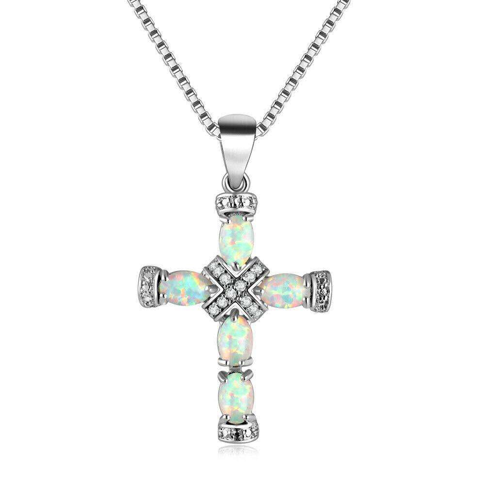 18K White Gold Plated Cross Necklace  Opal Cubic Zirconia Faith Pendant Jewelry