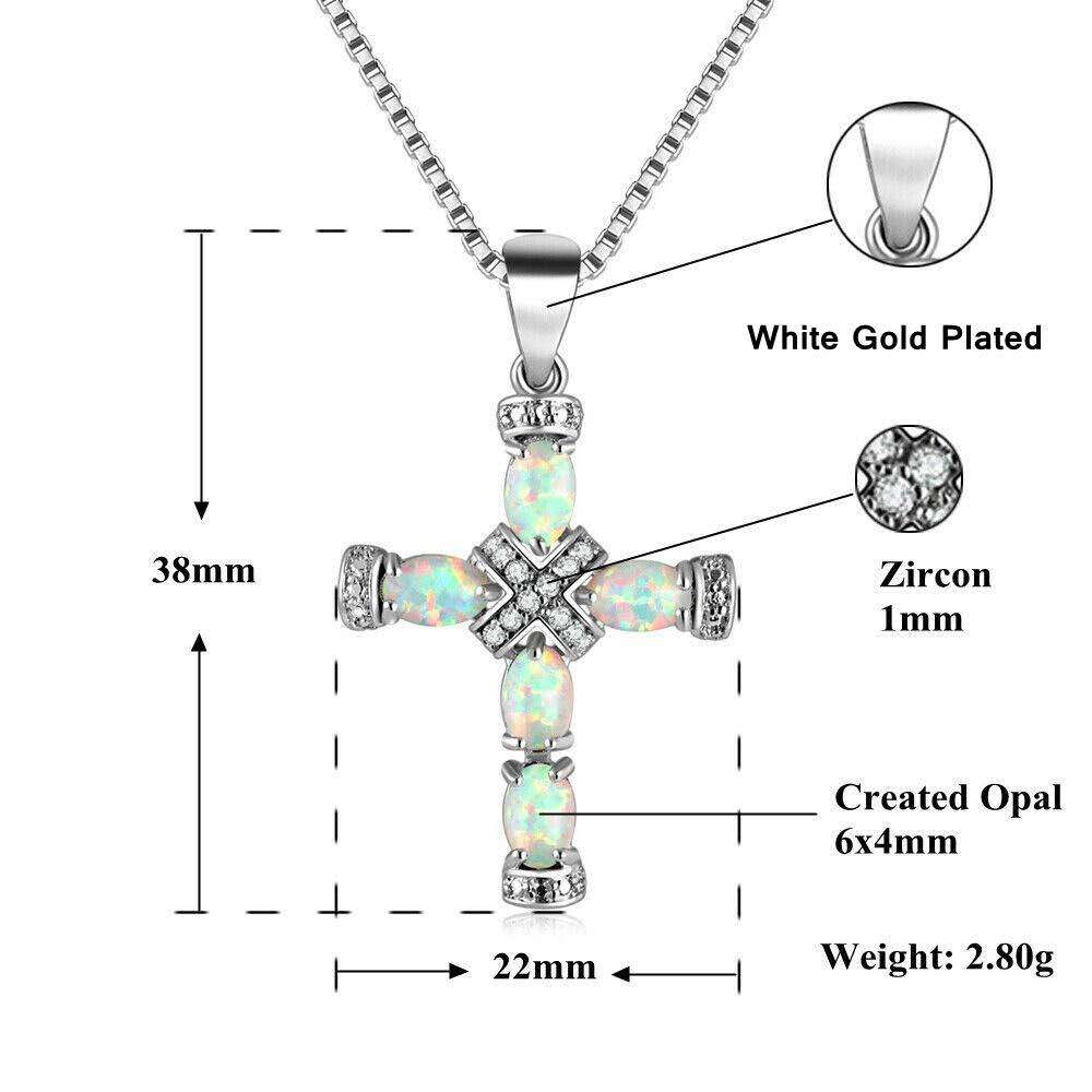 18K White Gold Plated Cross Necklace  Opal Cubic Zirconia Faith Pendant Jewelry