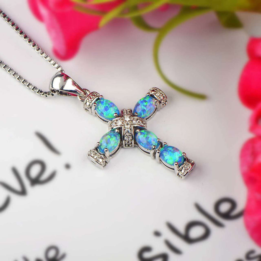 18K White Gold Plated Cross Necklace  Opal Cubic Zirconia Faith Pendant Jewelry