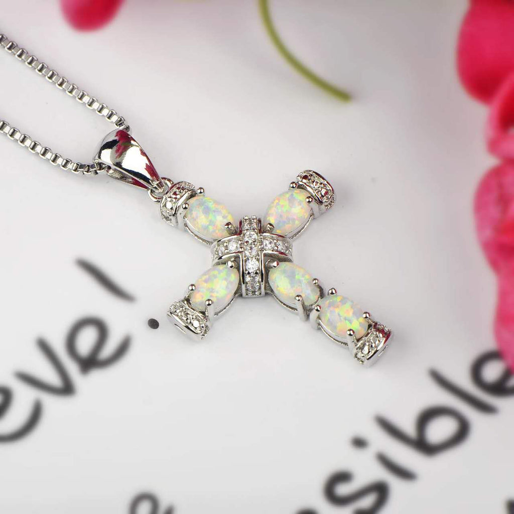 18K White Gold Plated Cross Necklace  Opal Cubic Zirconia Faith Pendant Jewelry