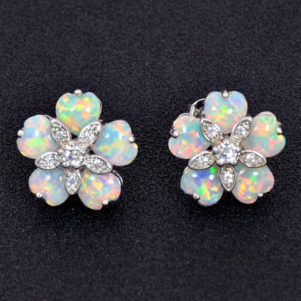 Floral Opal Stud Earrings Silver Pin Cubic Zirconia Lucky Flower Jewelry Gift for Women