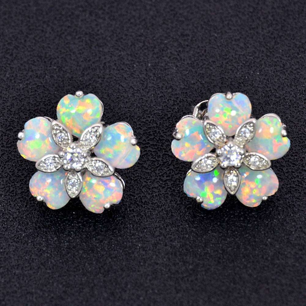Floral Opal Stud Earrings Silver Pin Cubic Zirconia Lucky Flower Jewelry Gift for Women