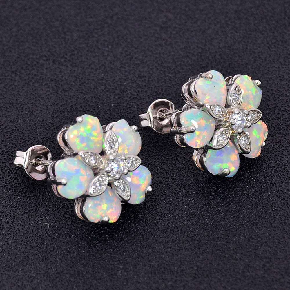 Floral Opal Stud Earrings Silver Pin Cubic Zirconia Lucky Flower Jewelry Gift for Women