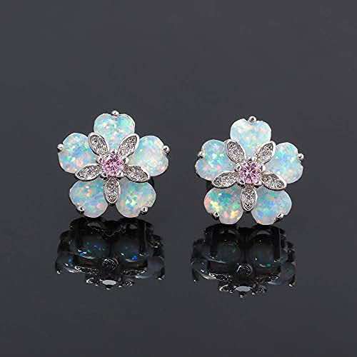 Floral Opal Stud Earrings Silver Pin Cubic Zirconia Lucky Flower Jewelry Gift for Women