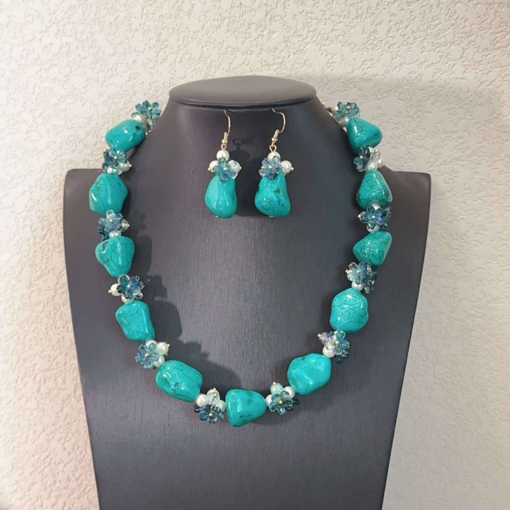 Natural Turquoise Beaded  and Natural Pearl Blue set 2 PCS