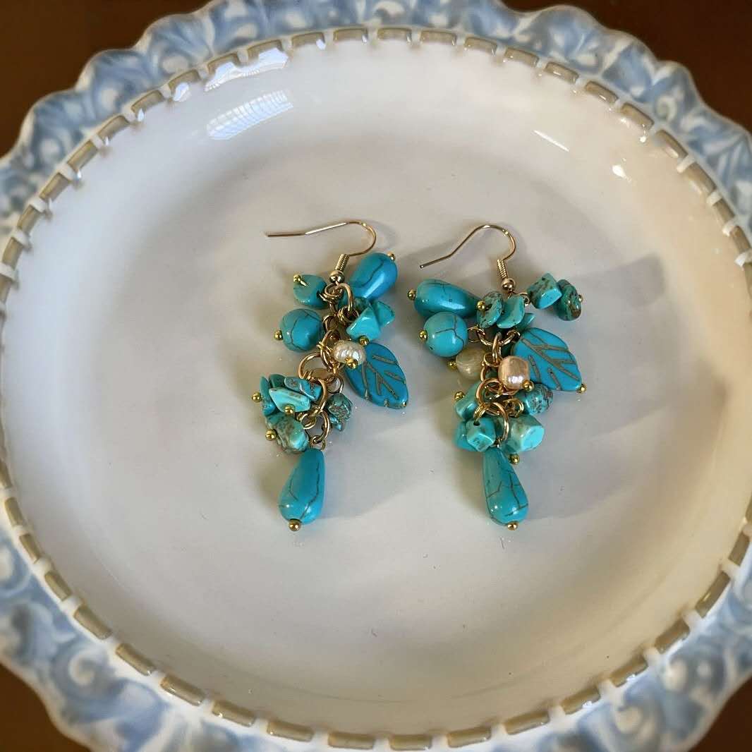 Natural Turquoise Beaded  and Natural Pearl Blue set 2 PCS