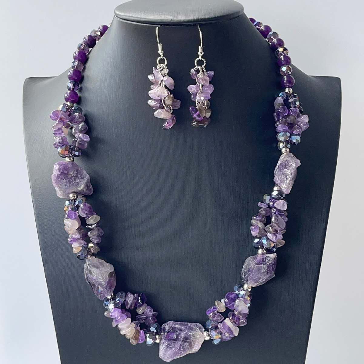 Natural Raw Amethyst Jewelry Set Silver Plated Chunky Necklace Dangle Earrings Purple Crystal Bohemian Women Gift