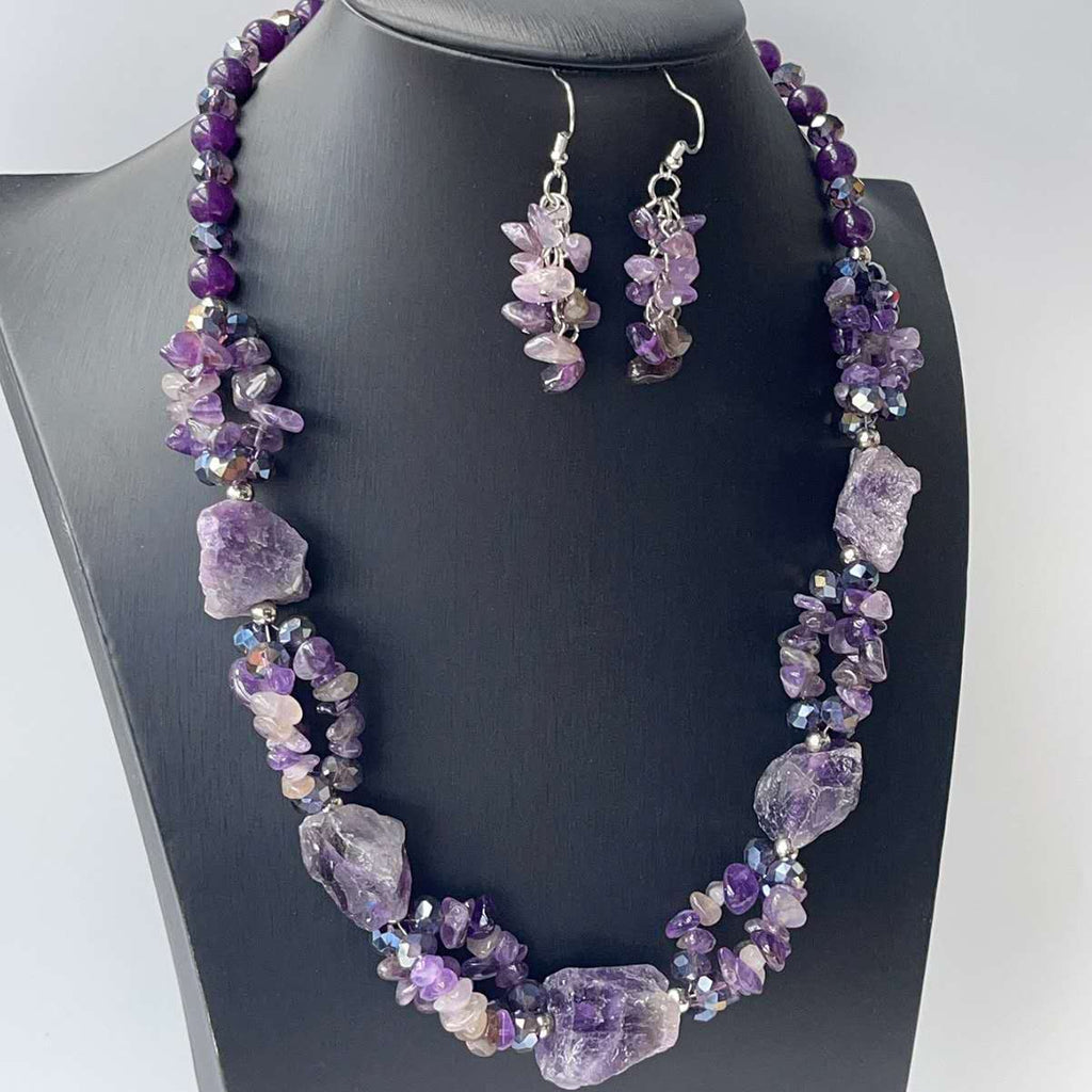 Natural Raw Amethyst Jewelry Set Silver Plated Chunky Necklace Dangle Earrings Purple Crystal Bohemian Women Gift