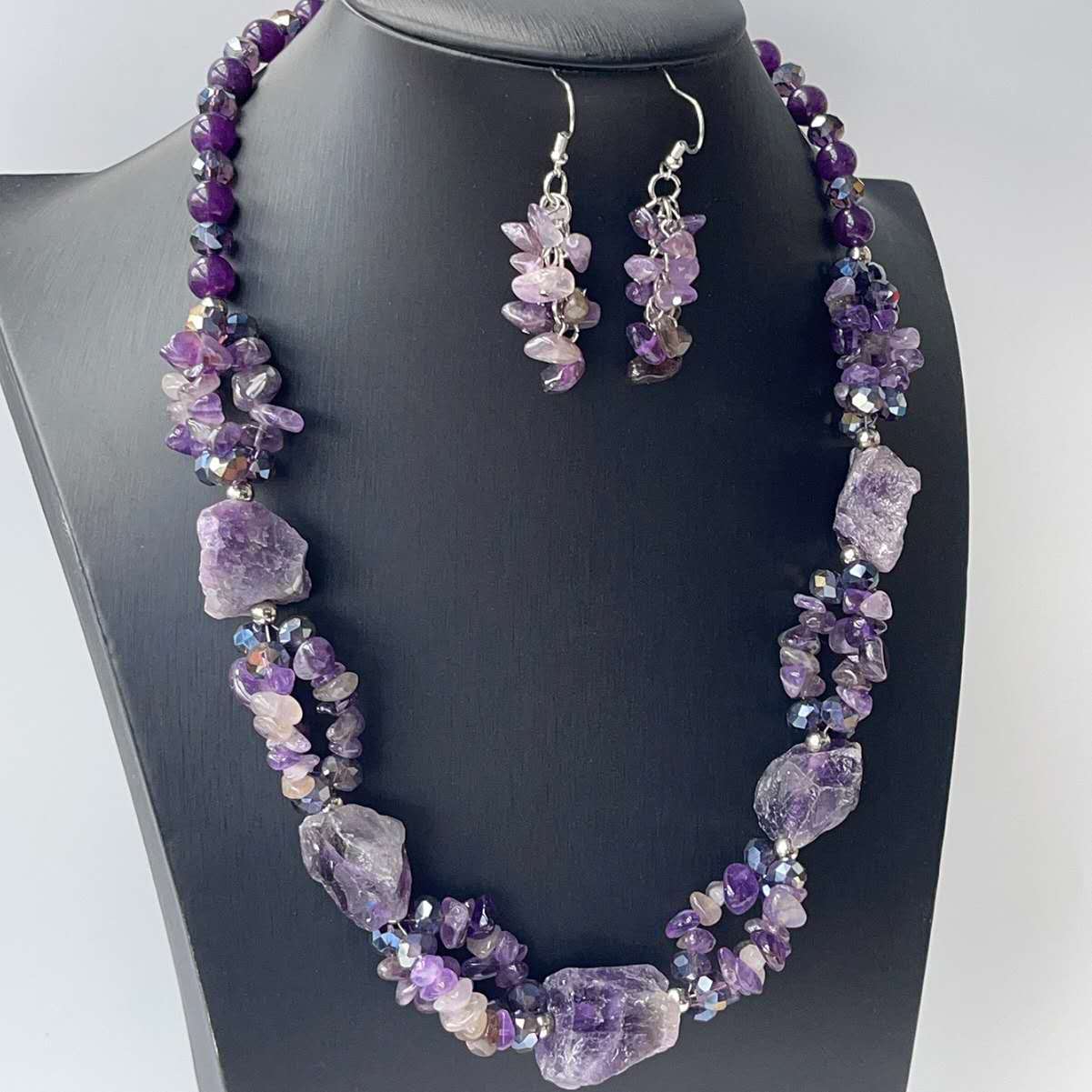 Natural Raw Amethyst Jewelry Set Silver Plated Chunky Necklace Dangle Earrings Purple Crystal Bohemian Women Gift