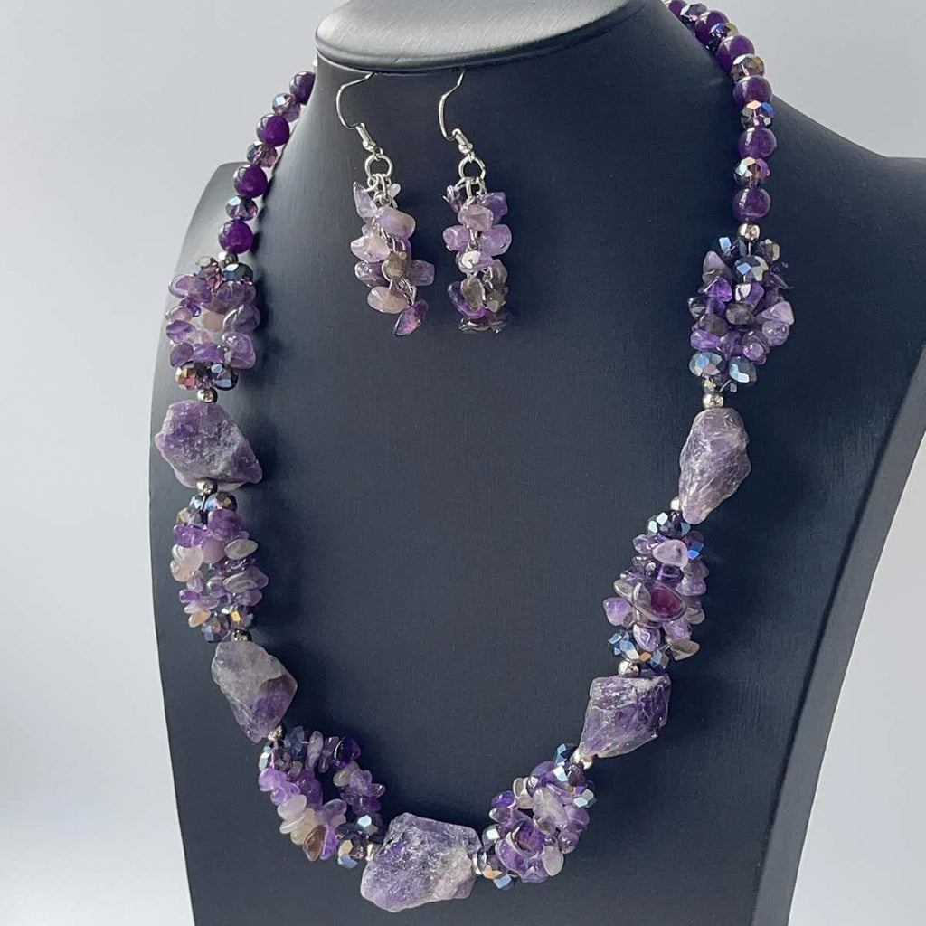Natural Raw Amethyst Jewelry Set Silver Plated Chunky Necklace Dangle Earrings Purple Crystal Bohemian Women Gift
