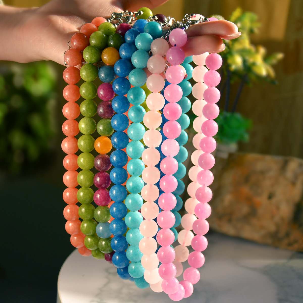 12MM Natural Round Stone Beaded Choker Necklace Multi Color Healing Crystal Bead Chain Adjustable Extension Jewelry Gift for Women