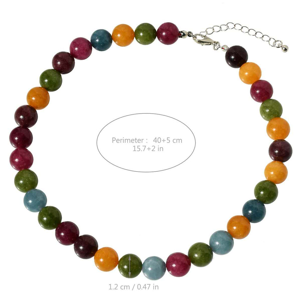 12MM Natural Round Stone Beaded Choker Necklace Multi Color Healing Crystal Bead Chain Adjustable Extension Jewelry Gift for Women