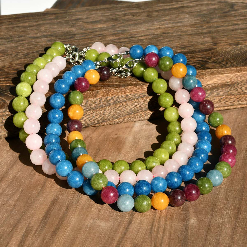 12MM Natural Round Stone Beaded Choker Necklace Multi Color Healing Crystal Bead Chain Adjustable Extension Jewelry Gift for Women