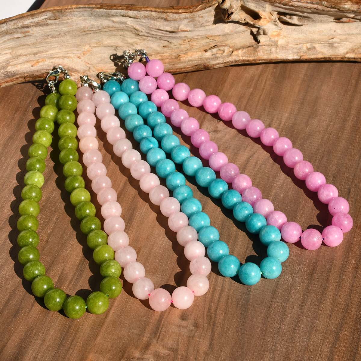 12MM Natural Round Stone Beaded Choker Necklace Multi Color Healing Crystal Bead Chain Adjustable Extension Jewelry Gift for Women