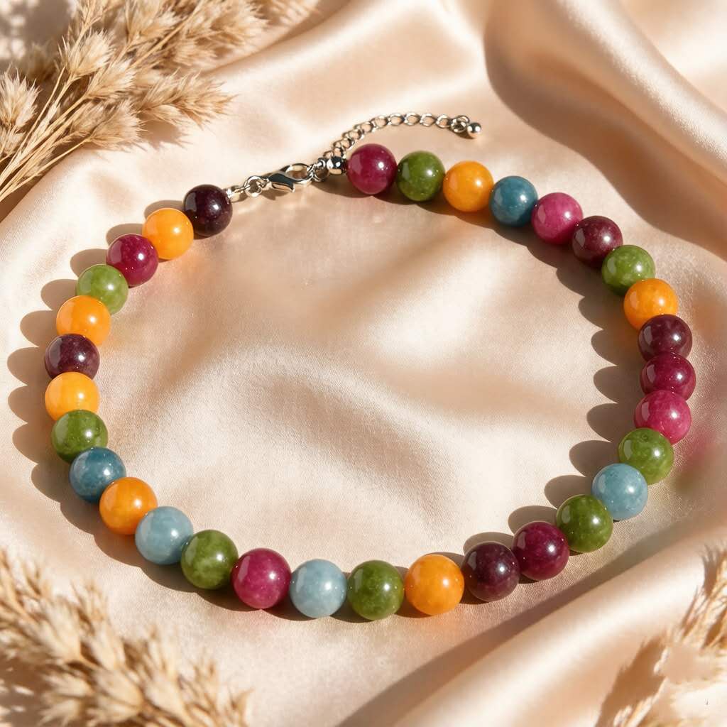 12MM Natural Round Stone Beaded Choker Necklace Multi Color Healing Crystal Bead Chain Adjustable Extension Jewelry Gift for Women